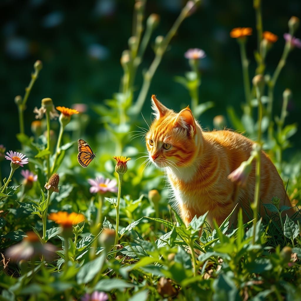 Ginger Cat's Cinematic Butterfly Chase in Garden