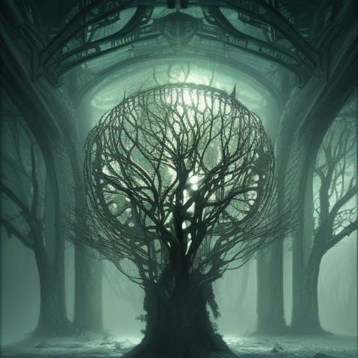 Gears and Circuits Tree in Dark Fantasy Style