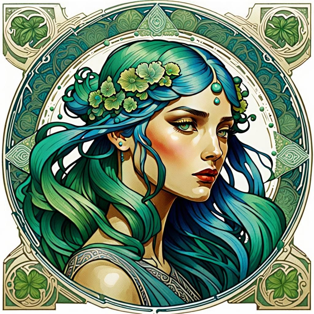 Art Nouveau Woman with Green and Blue Hair