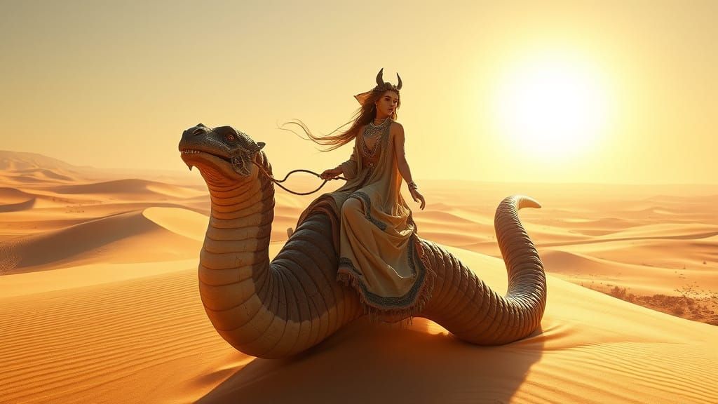 Desert Nomad Woman Rides Sand Worm in Hyperrealistic Style