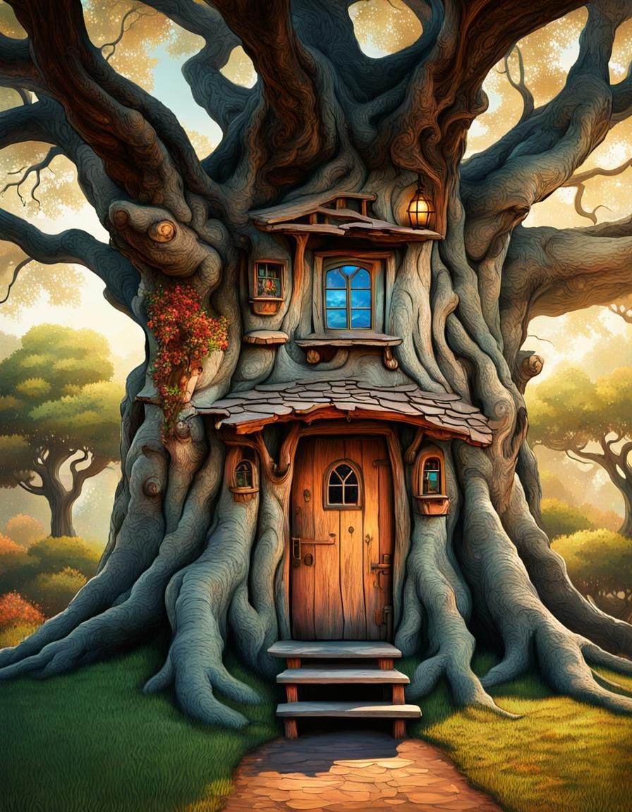 Art Deco Treehouse in Gnarled Old Tree