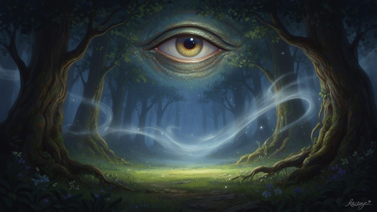 Mysterious Eye Gazes Upon Enchanted Forest Glade