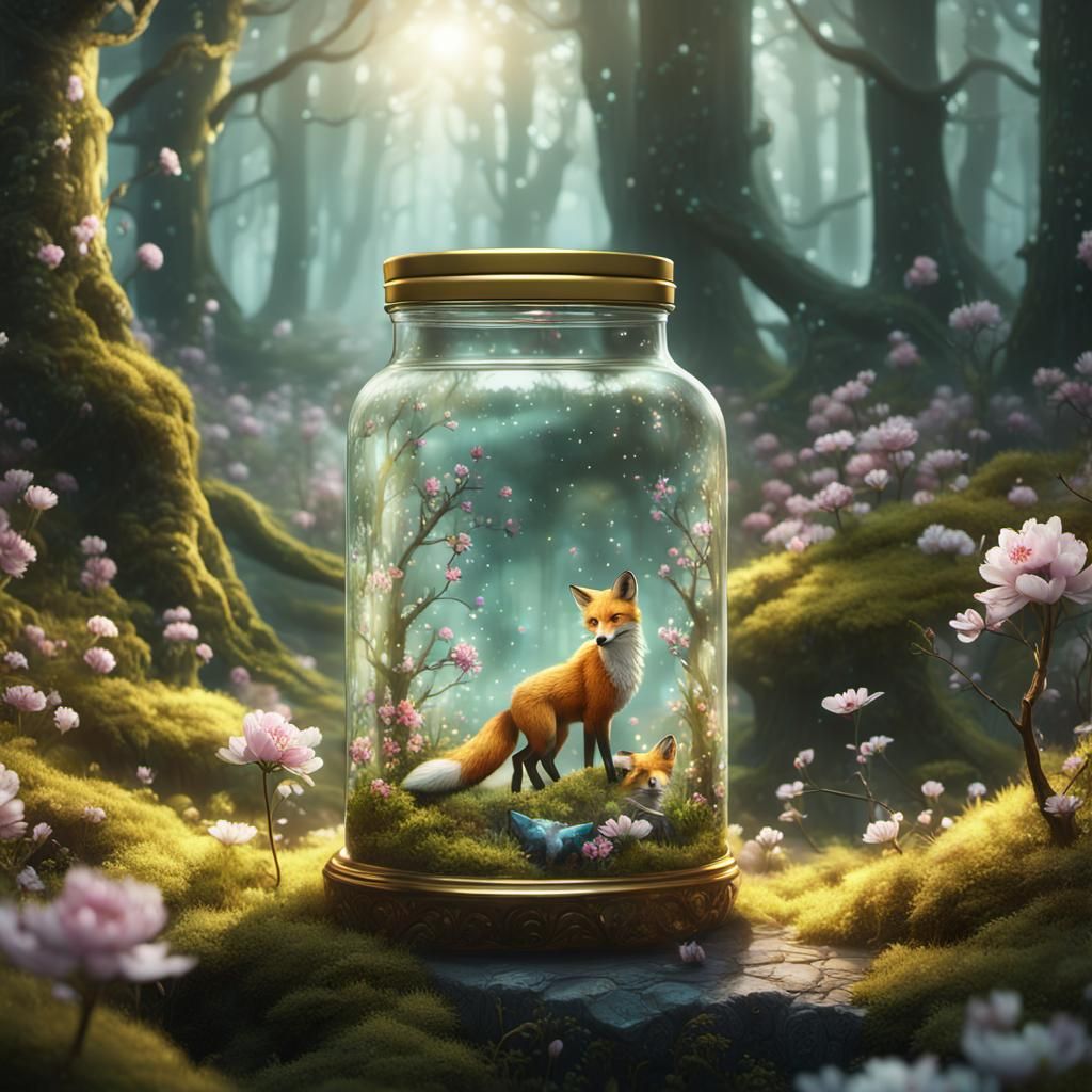 Enchanted Forest Jar with Fox, Fantasy Concept Art