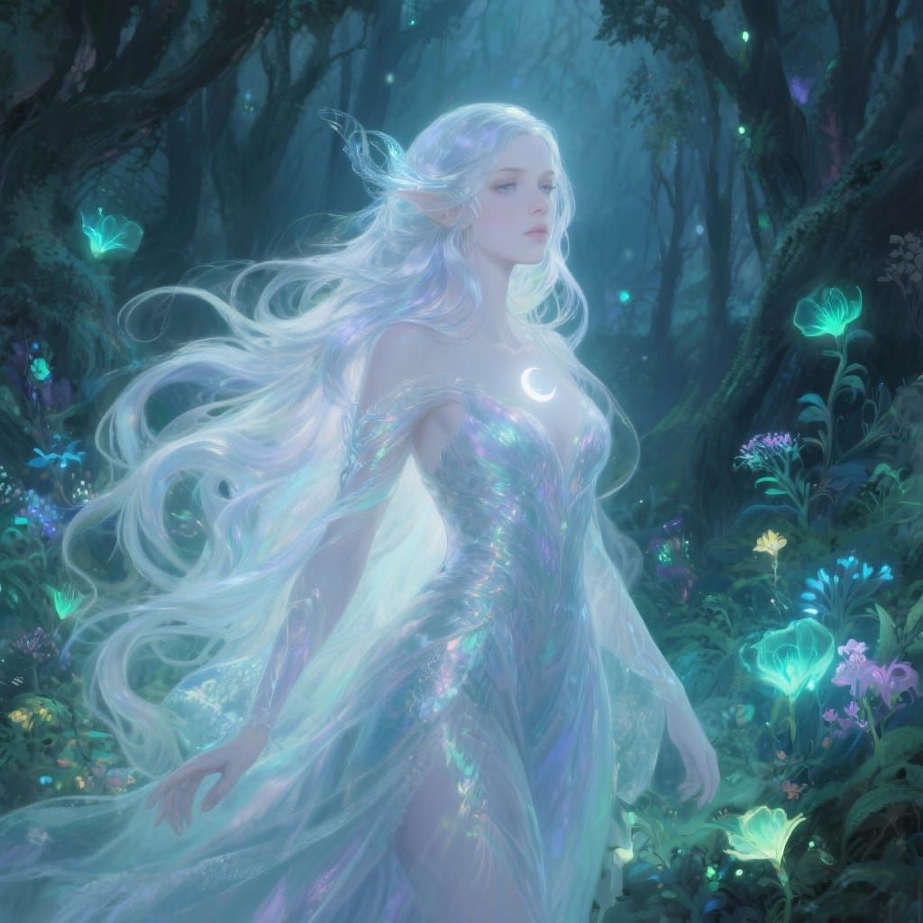 Ethereal Nymph in Bioluminescent Forest