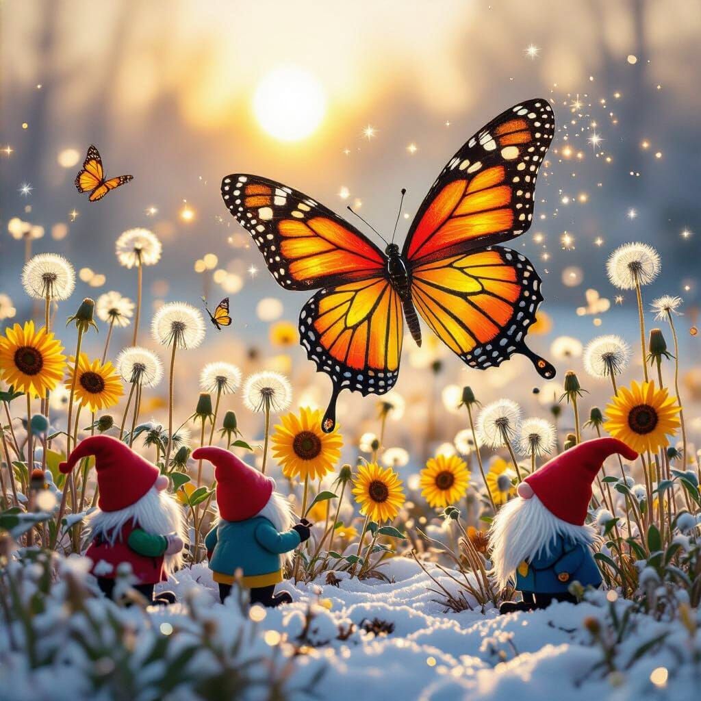 Gnomes Marvel at Colossal Butterfly in Fall to Winter Landsc...