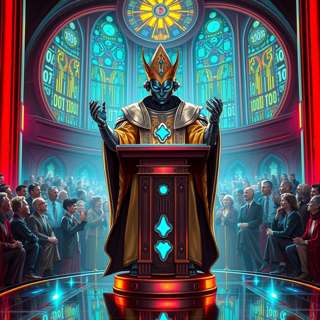 Cyberpunk Priest Delivers Fiery Sermon in Futuristic Cathedr...