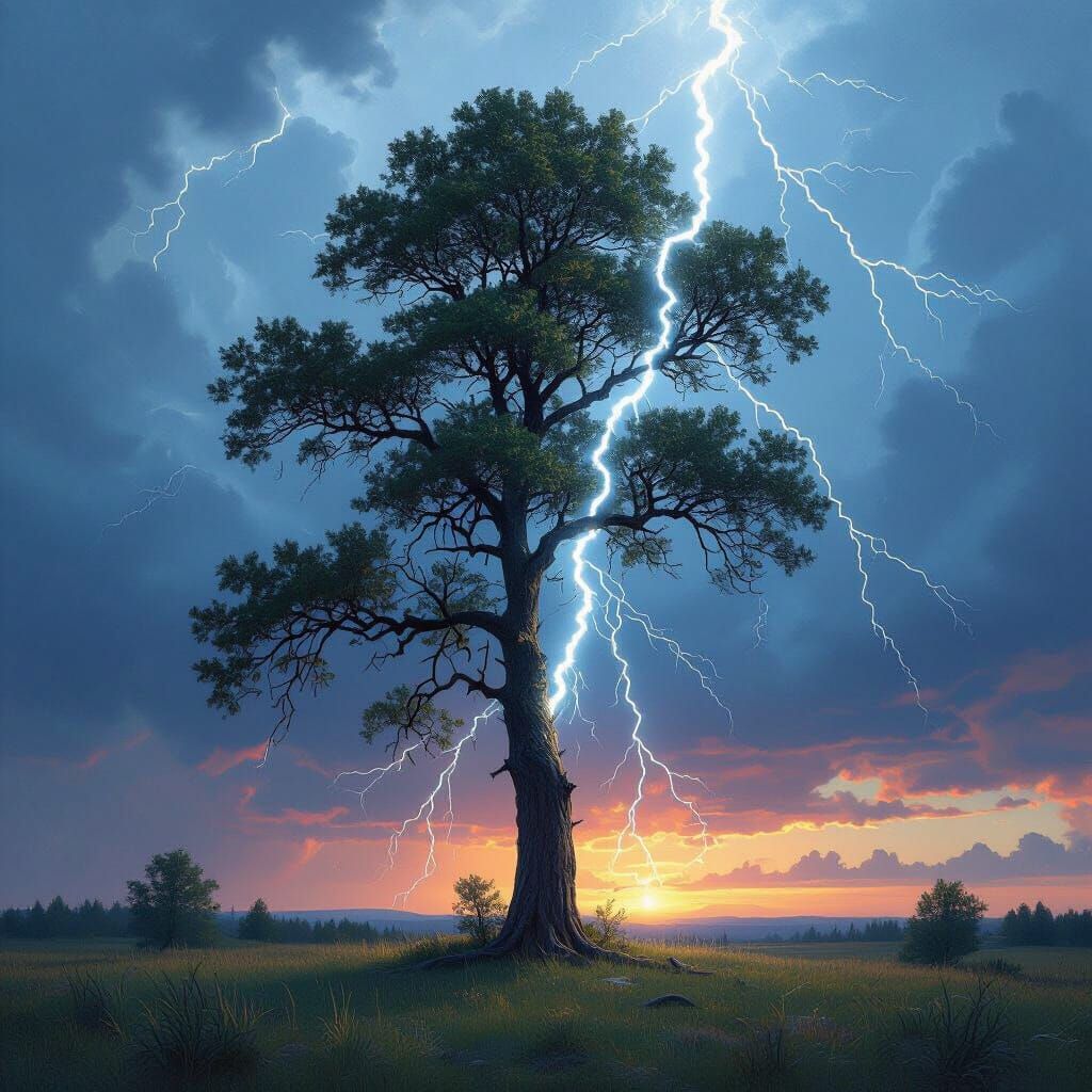 Lightning Strikes Tree in Dramatic Realism Style
