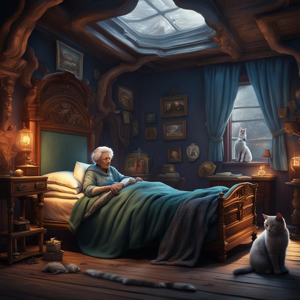 Cozy 3D Rendering: Old Lady and Cat