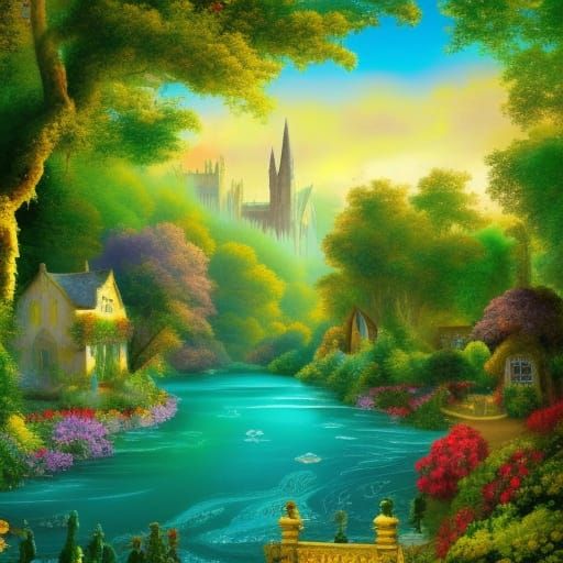 Victorian Village by Turquoise River, Matte Painting
