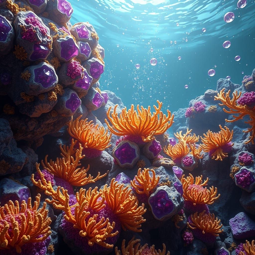 Fantastical Amethyst and Gold Coral Reef Scene in Deep Color