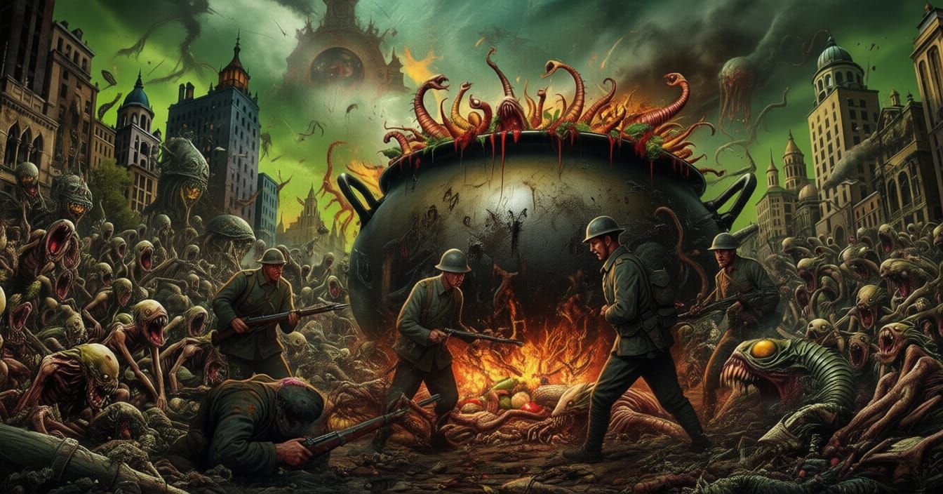 Apocalyptic Soldiers Guarding a Giant Cauldron