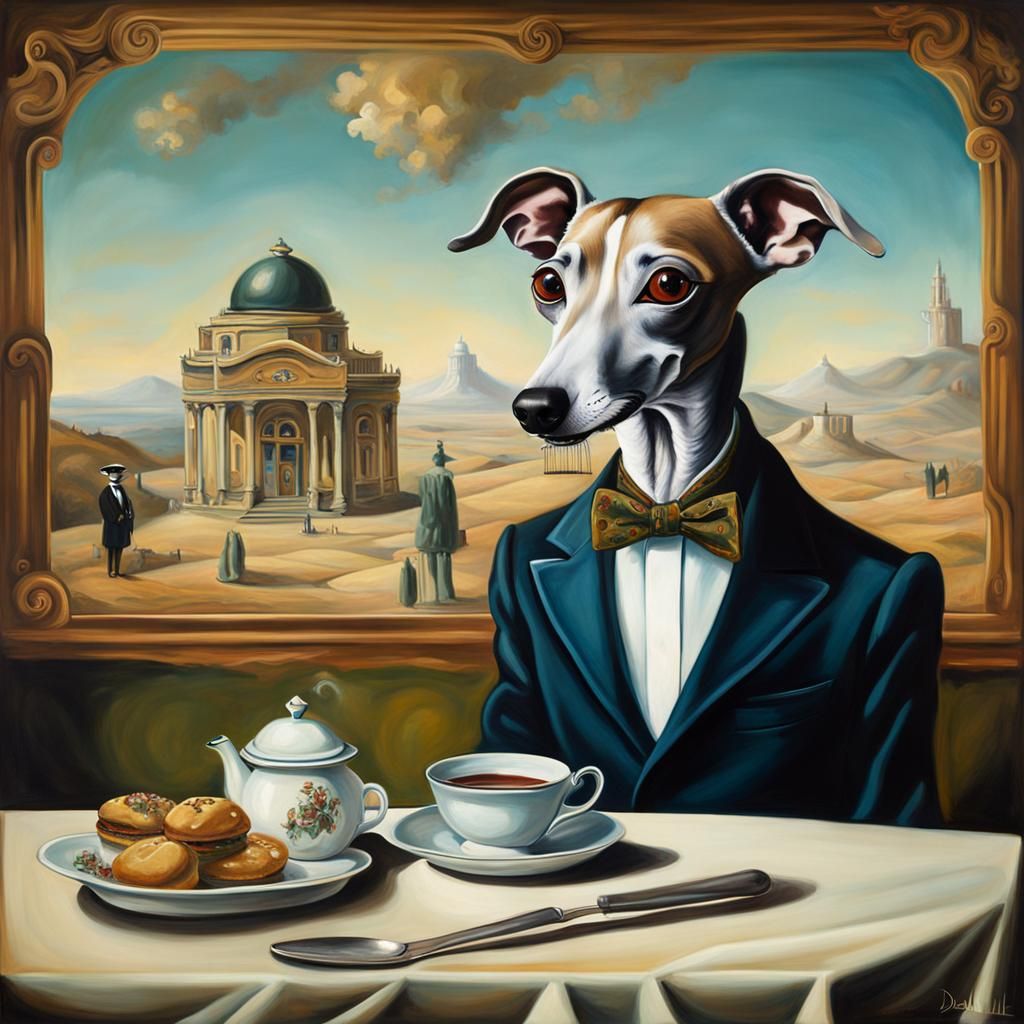 Victorian Greyhound Tea Party: Surreal Oil Painting