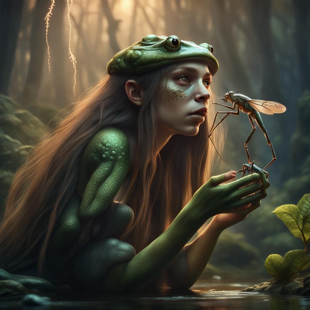 Fantastical Frog Girl Eating a Mosquito