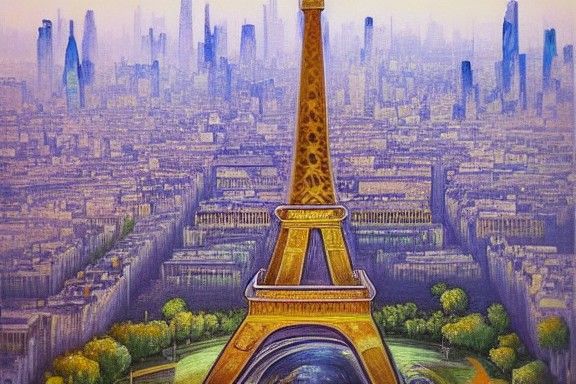 Eiffel Tower Drone View as Detailed Oil Painting