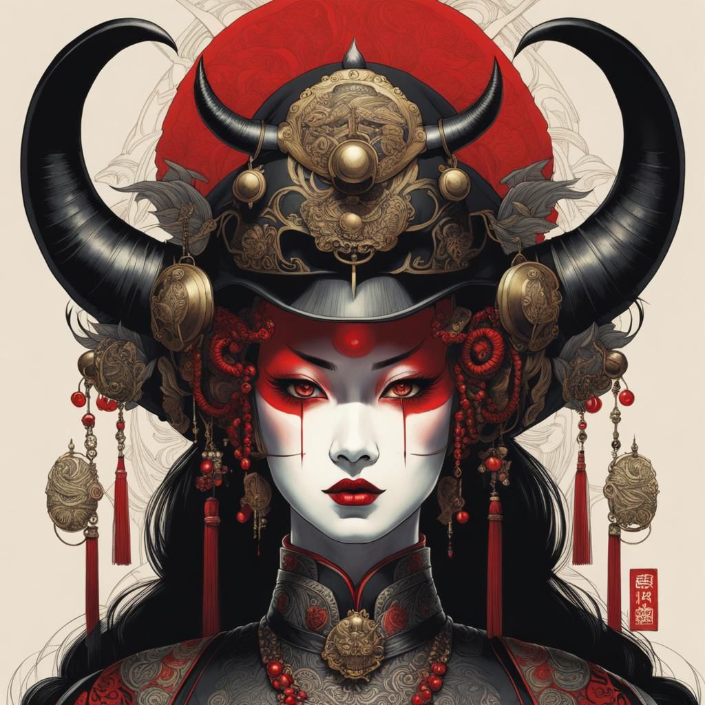 Demonic Geisha in Ancient Helmet, Manga Style