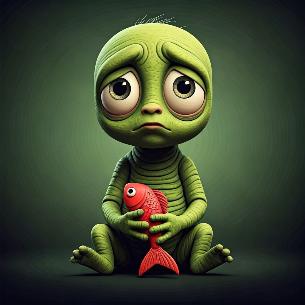 Vibrant Lime Green Creature in Melancholic Pose