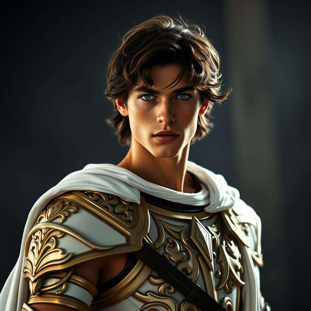 Young Hero in White and Gold Armor: Cinematic Film Still