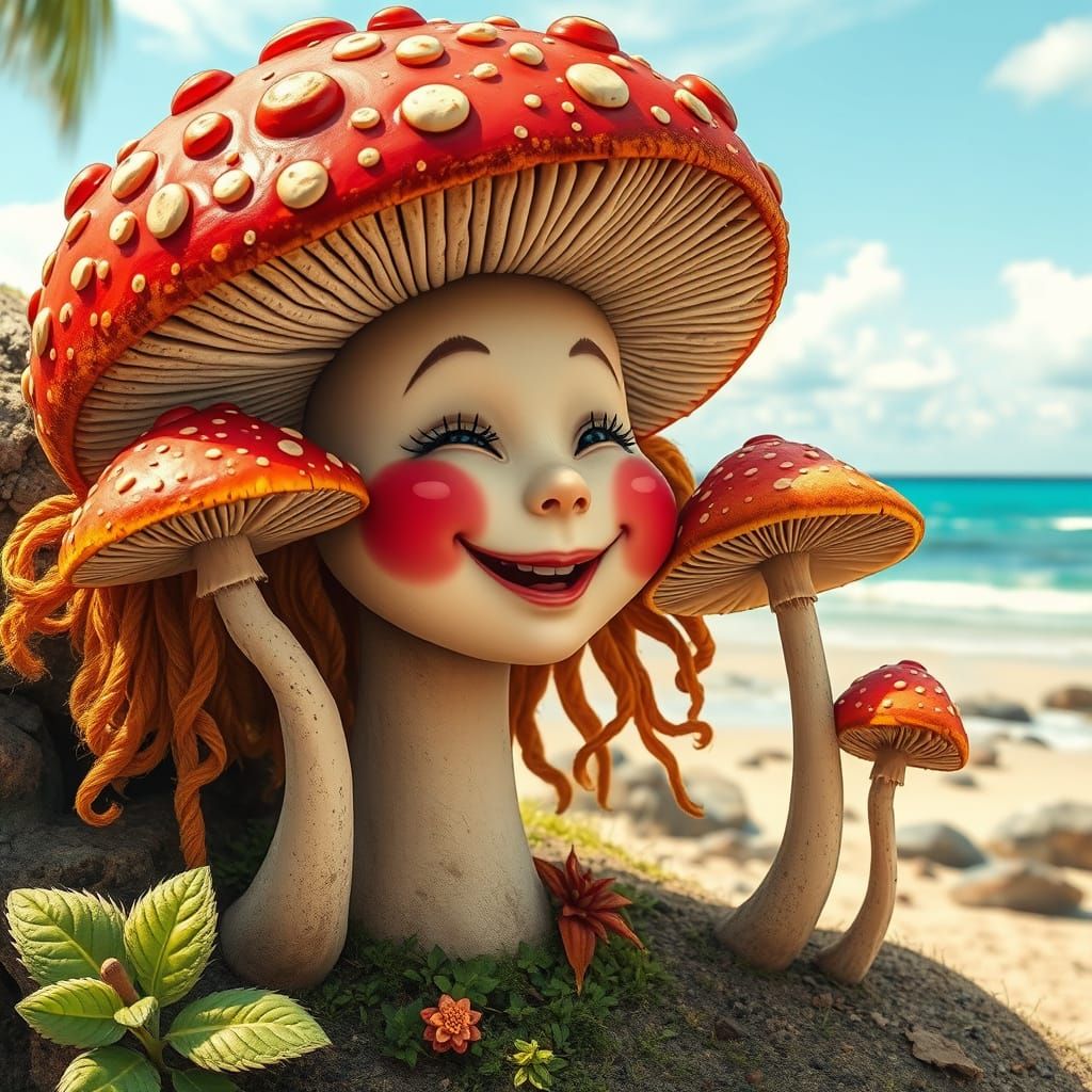 Psychedelic Rastafari Goddess Surrounded by Smiling Mushroom...