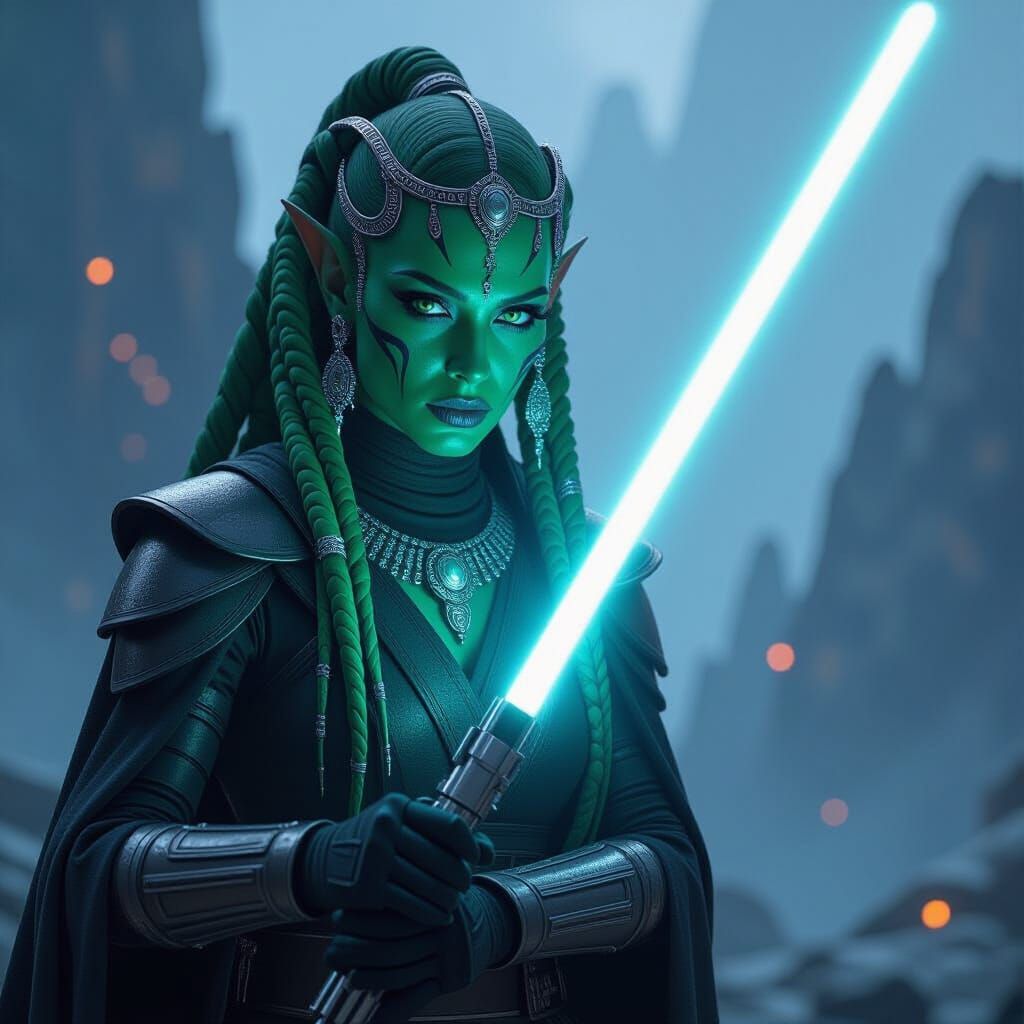 Twi'lek Jedi Wields Blue Lightsaber on Alien Planet