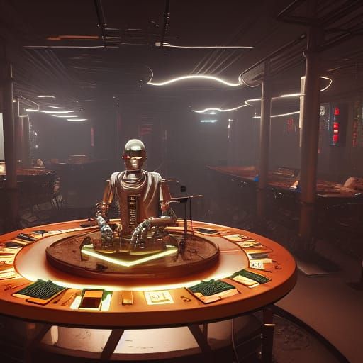 Cyberpunk Robot Monks Gamble in Dystopian Lounge