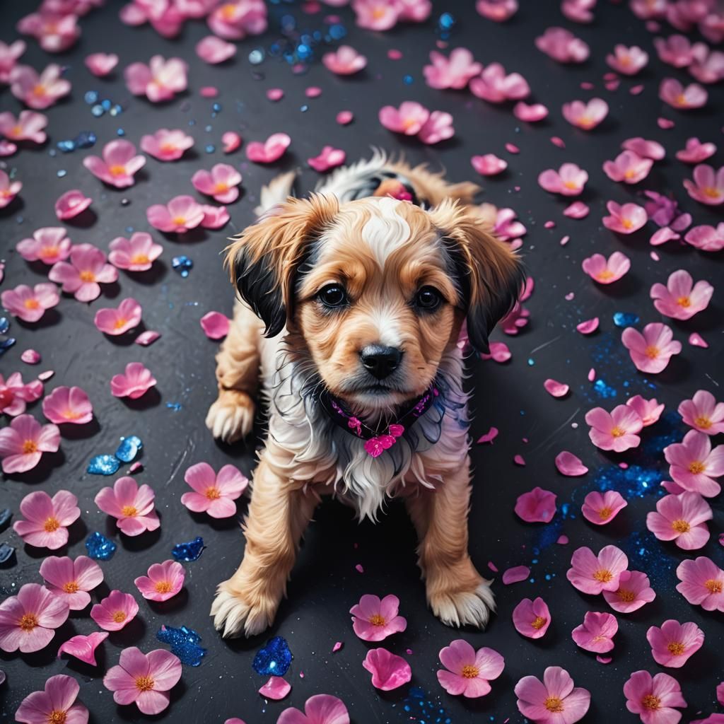 Puppy in Dreamy Fantasy Setting with Falling Petals