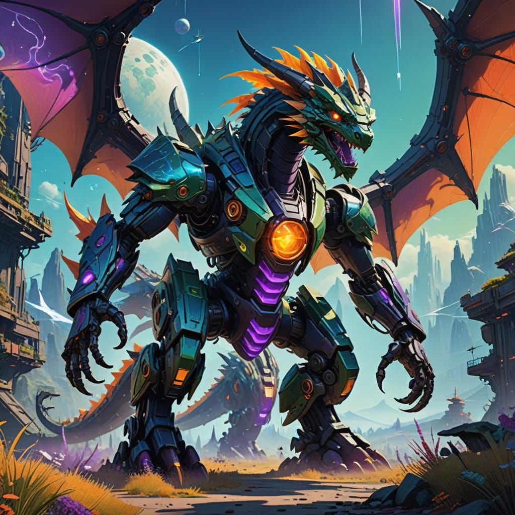 Cyberpunk Robot Dragon Emerges from Vortex