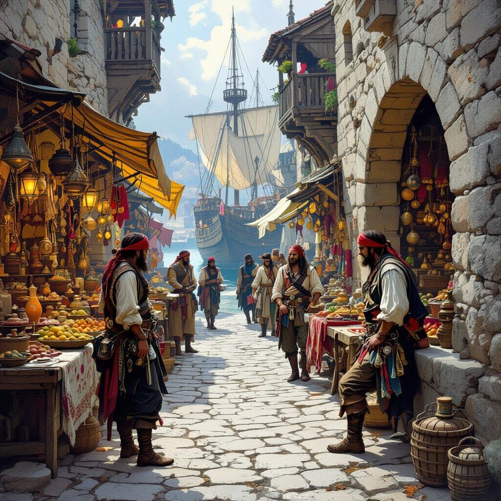 Lively Pirate Harbor Scene in Detailed Fantasy Style