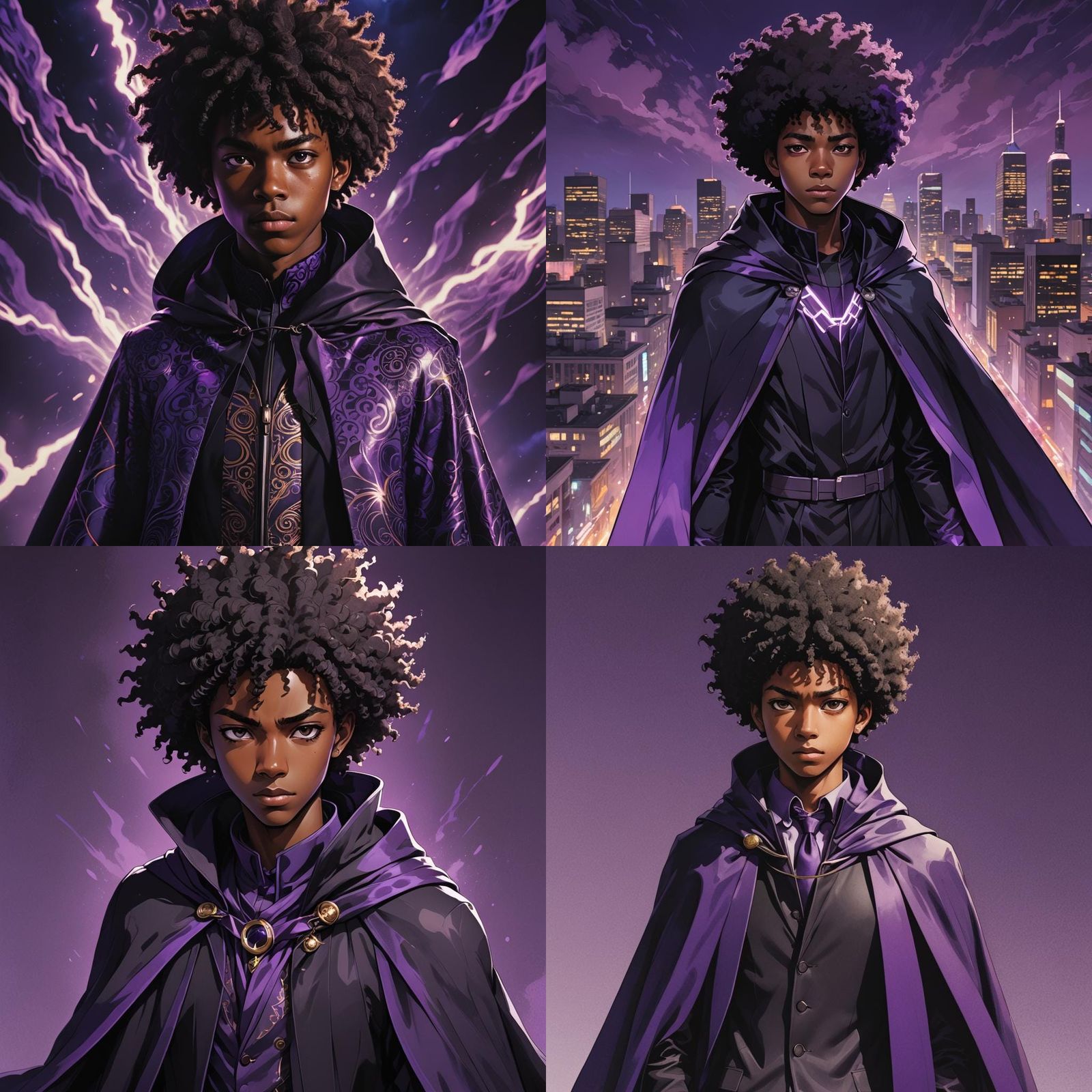 Teenage Boy in Black and Purple Suit, Anime Style