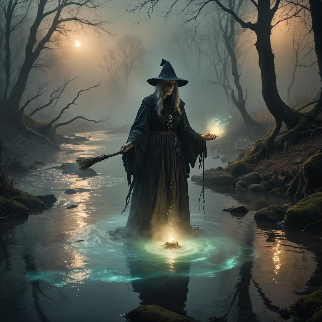 Mystical Witch Summons Spirit in Dark Fantasy Art