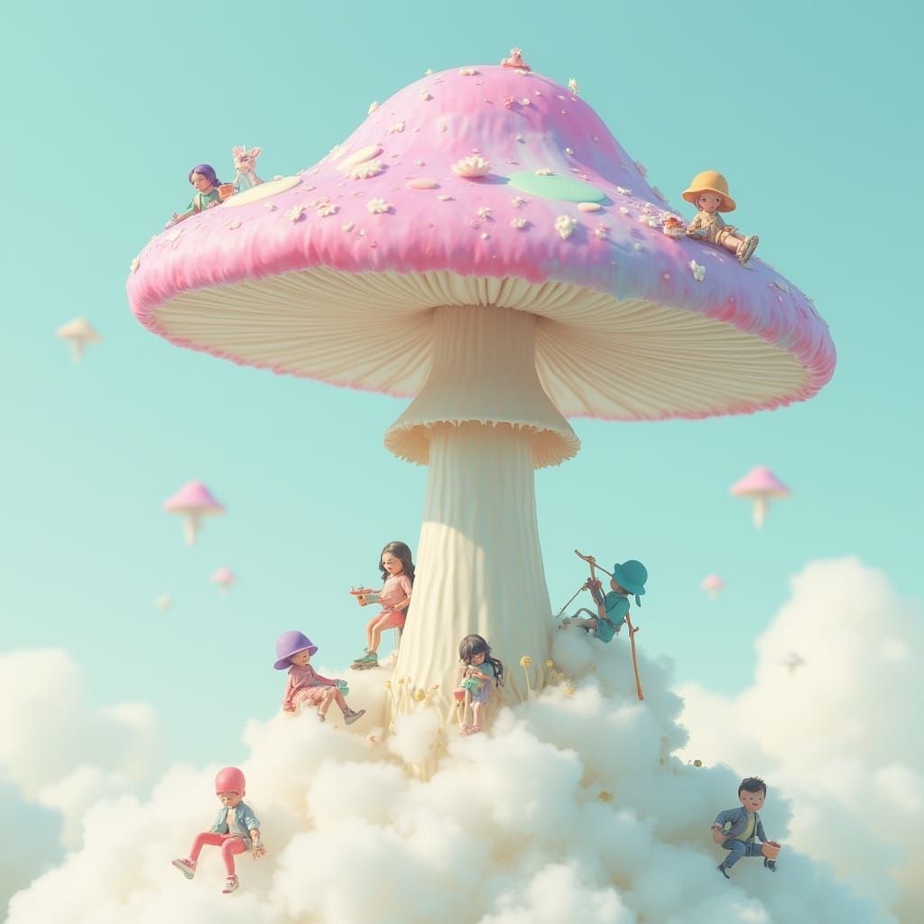 Whimsical Mushroom Scene with Tiny People in Pastel Hues