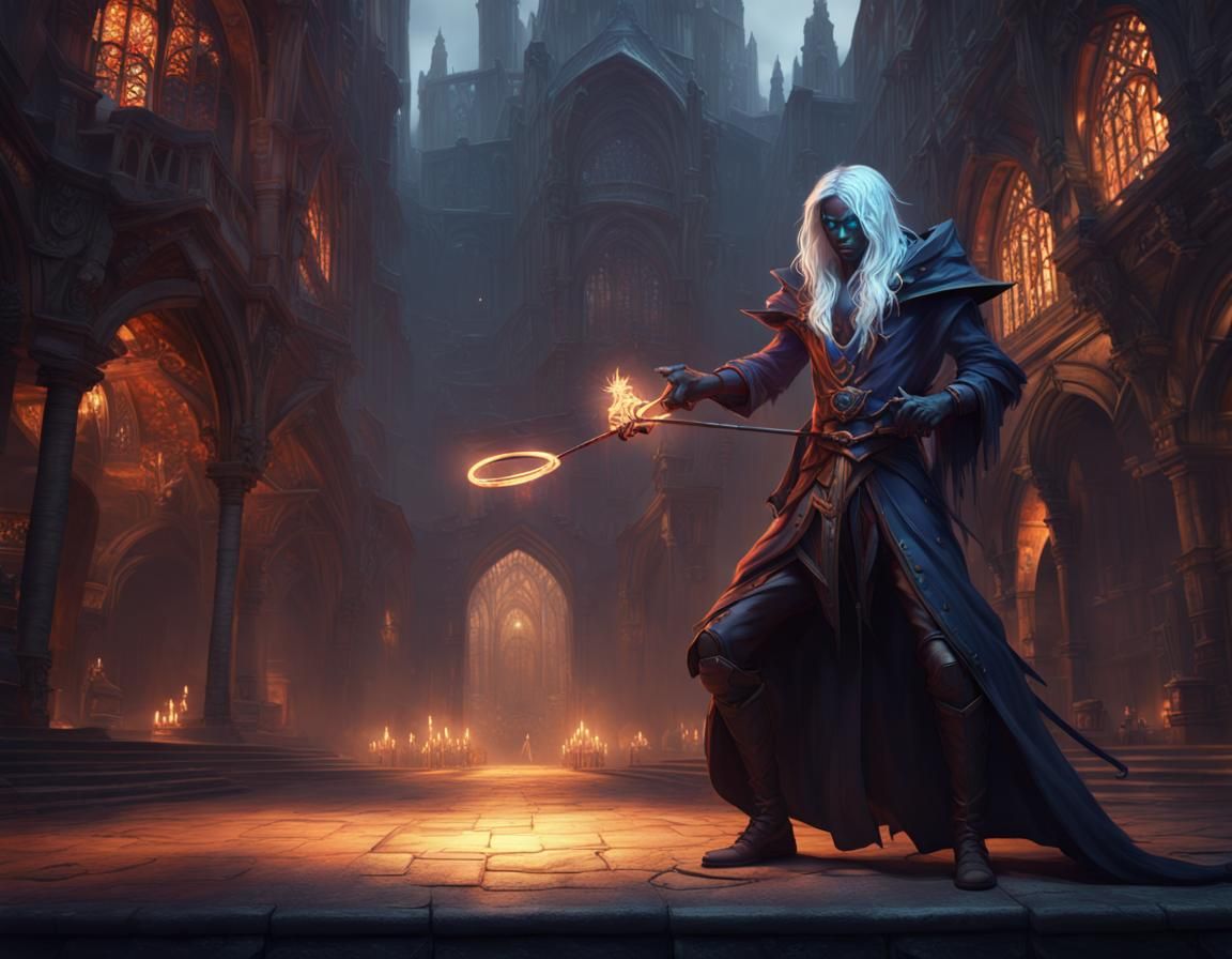 Drow Sorcerer in Subterranean Cityscape, Digital Art