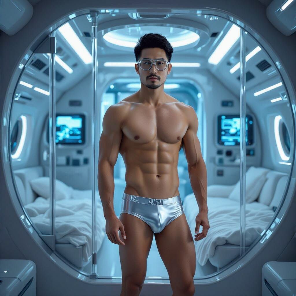 Male Space Traveler in Futuristic Spaceship Cabin
