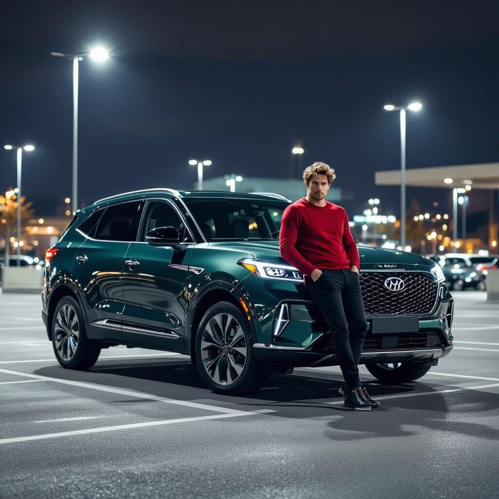 Man Leaning on SUV in Night Car Park