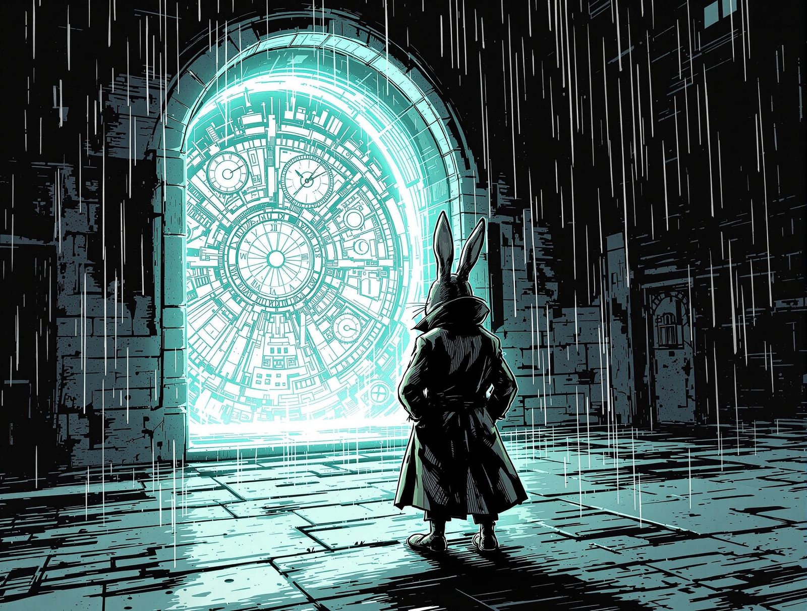 Rabbit Detective and Clockwork Portal in Noir Alley