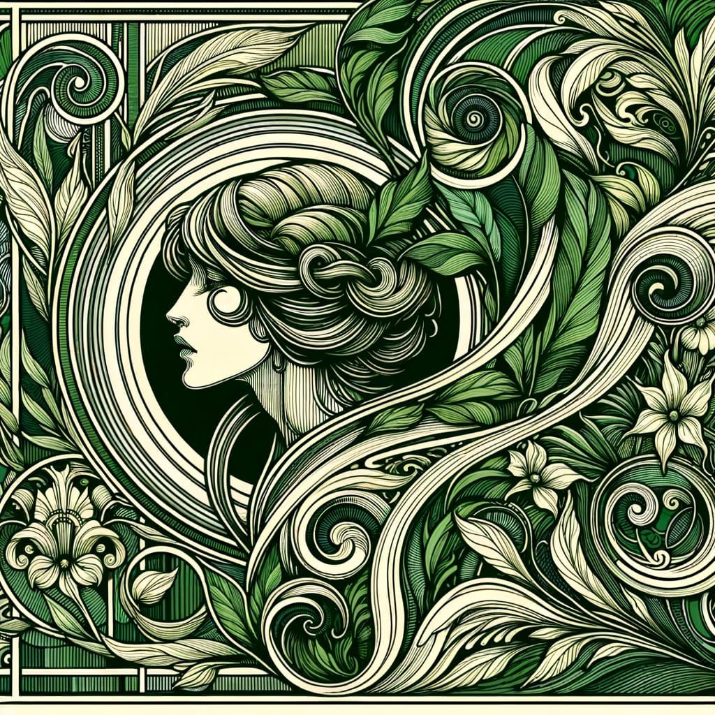 Art Nouveau Green Botanical Portrait with Flowing Lines