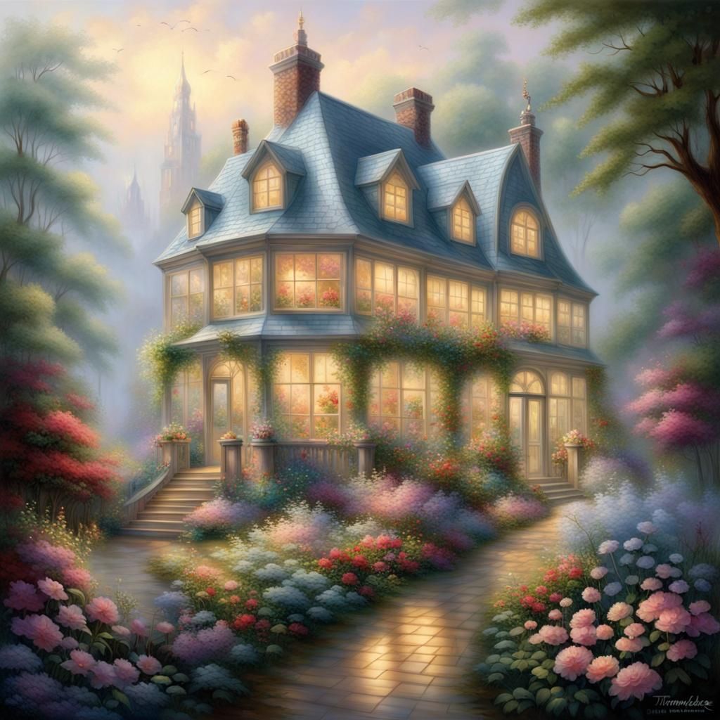 Glass House Surrounded by Flowers in Ethereal Style