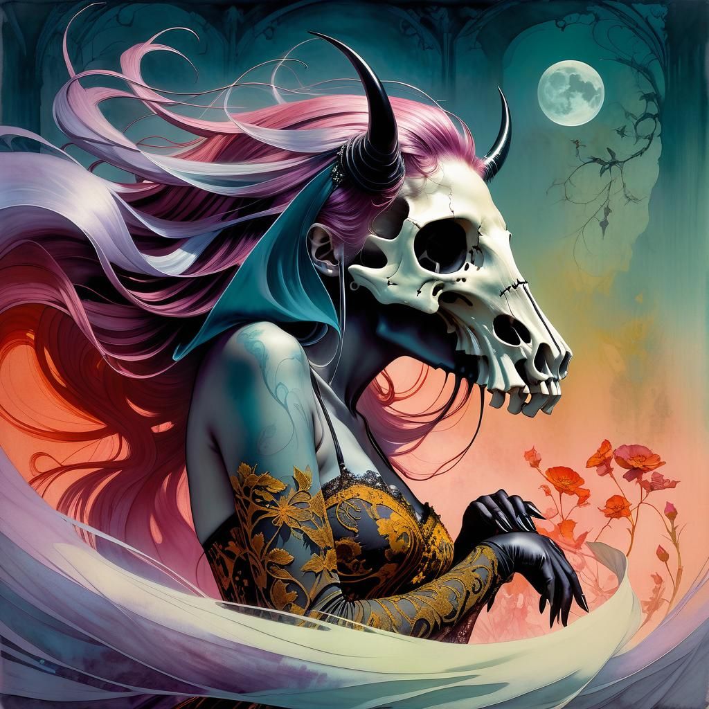 watercolor pen and alcohol ink illustration of full body goth retro gothabilly pinup model, ((floralskulls print cotton ...