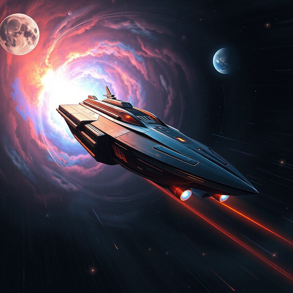 Glowing Nebula Starship Traverses Cosmic Warp Tunnel