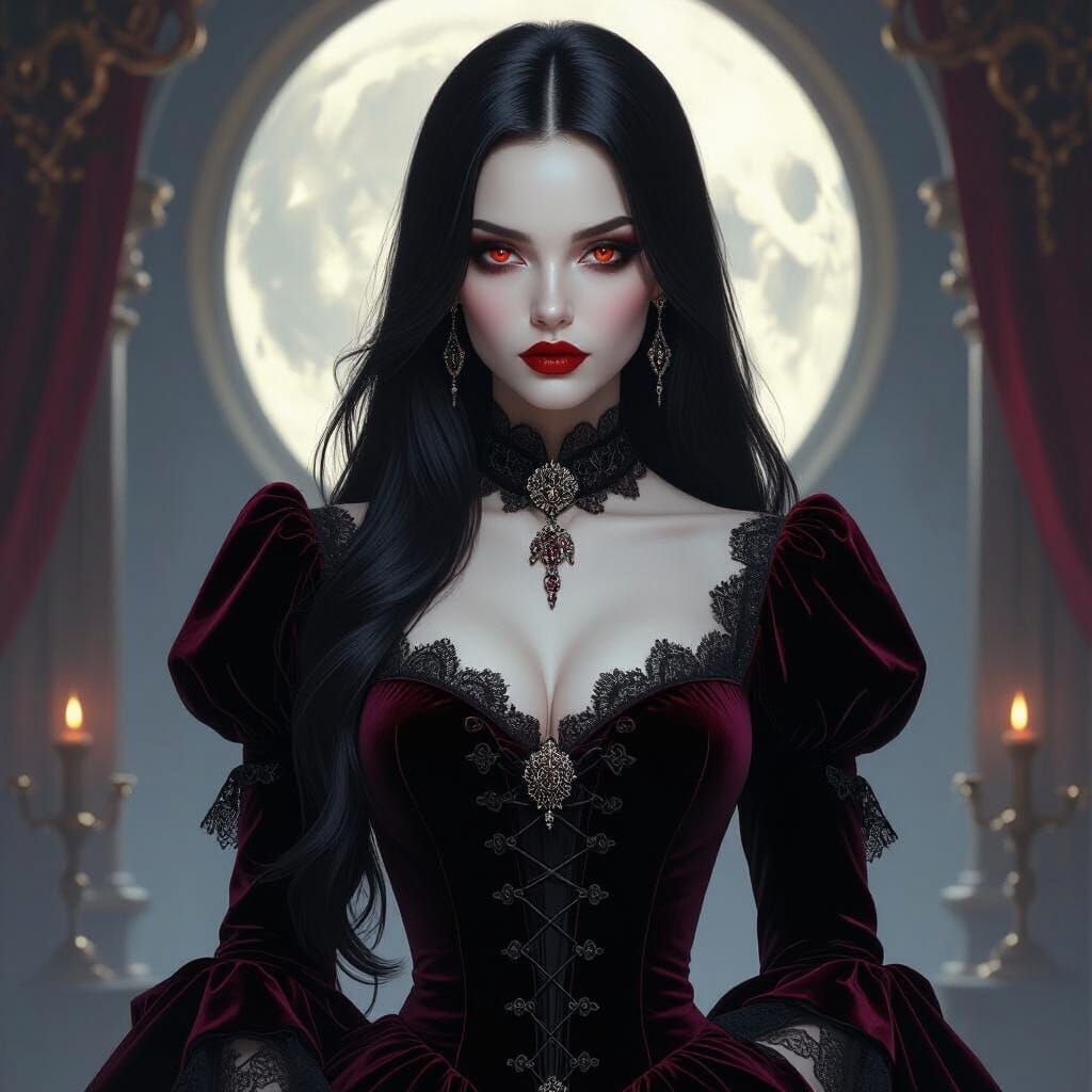 Victorian Gothic Vampire Woman in Moonlit Ballroom