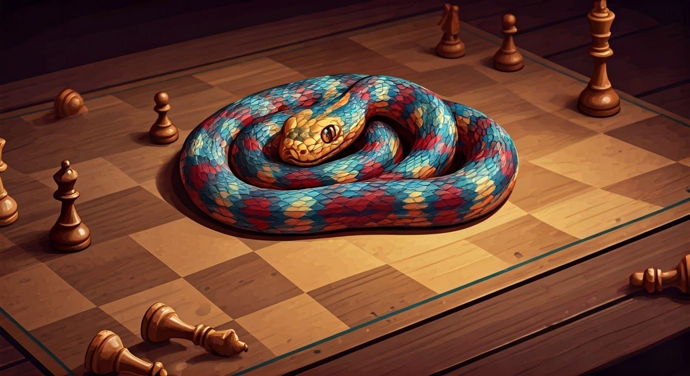 Snake Contemplates Chess Move in Whimsical Comic Art Style