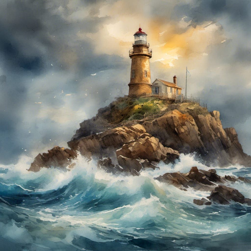 Watercolor Lighthouse on Stormy Winter Ocean