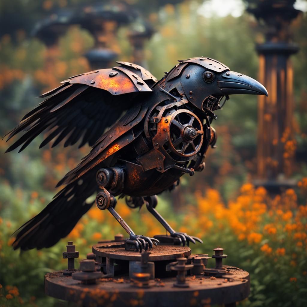 Mechanical Raven Rusting in Mystic Garden