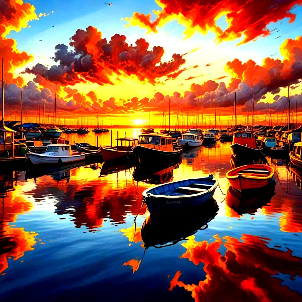 Ethereal Sunset Scene with Boats and Clouds in Hyperrealisti...