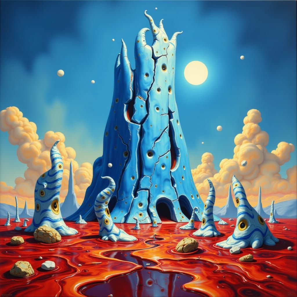 Azure Tower on Alien World with Red Earth and White Flora