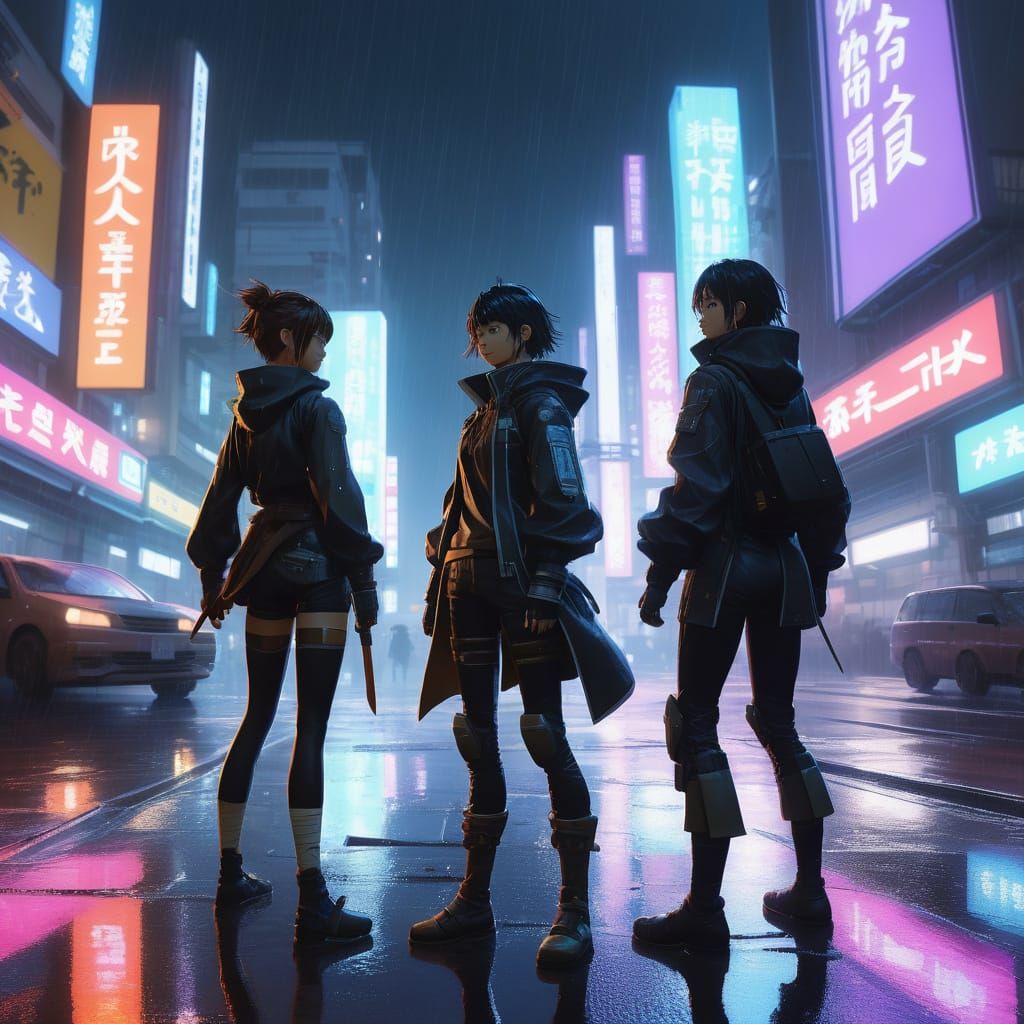 Cyberpunk Heroine vs Villainess in Rainy City Streets
