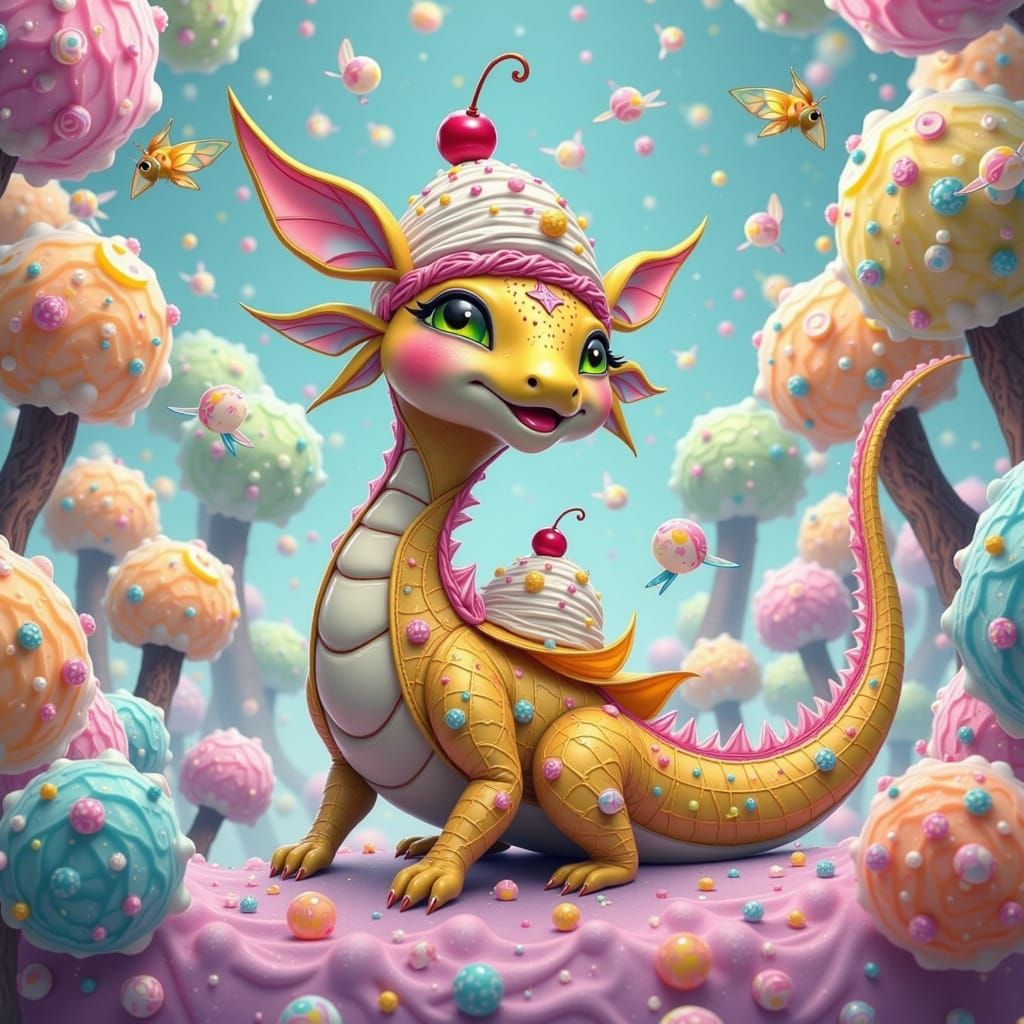 Vibrant Fae Dragon in a Whimsical Banana Split-Inspired Land...