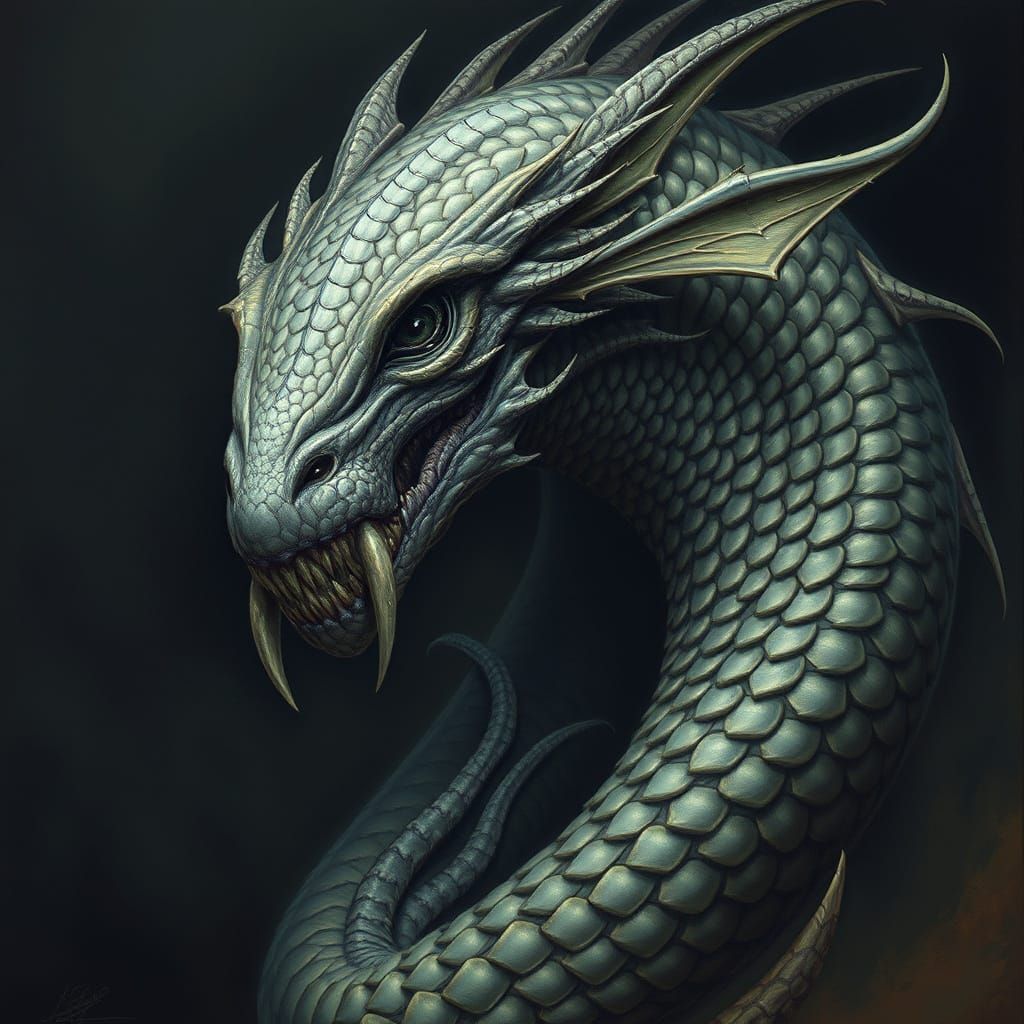 Mysterious Dark Fantasy Creature with Iridescent Scales