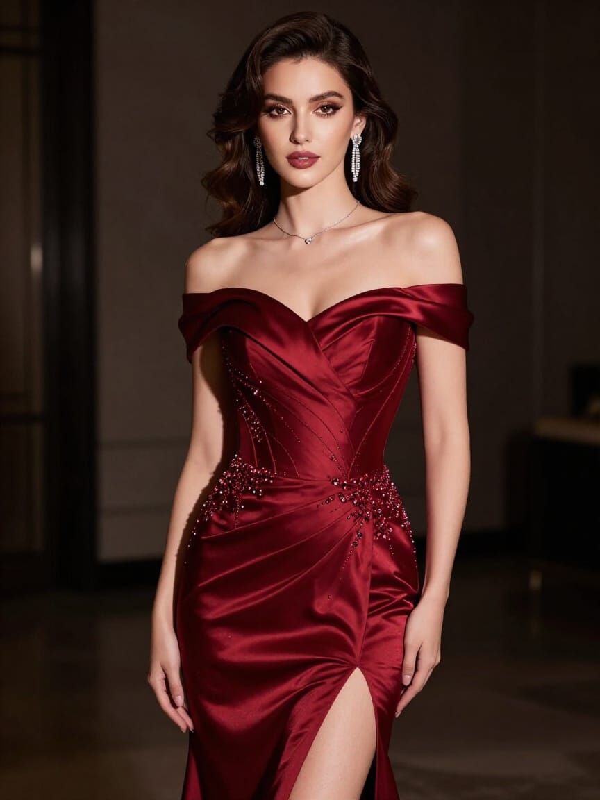 Elegant Ruby Red Satin Evening Gown with Crystal Embroidery
