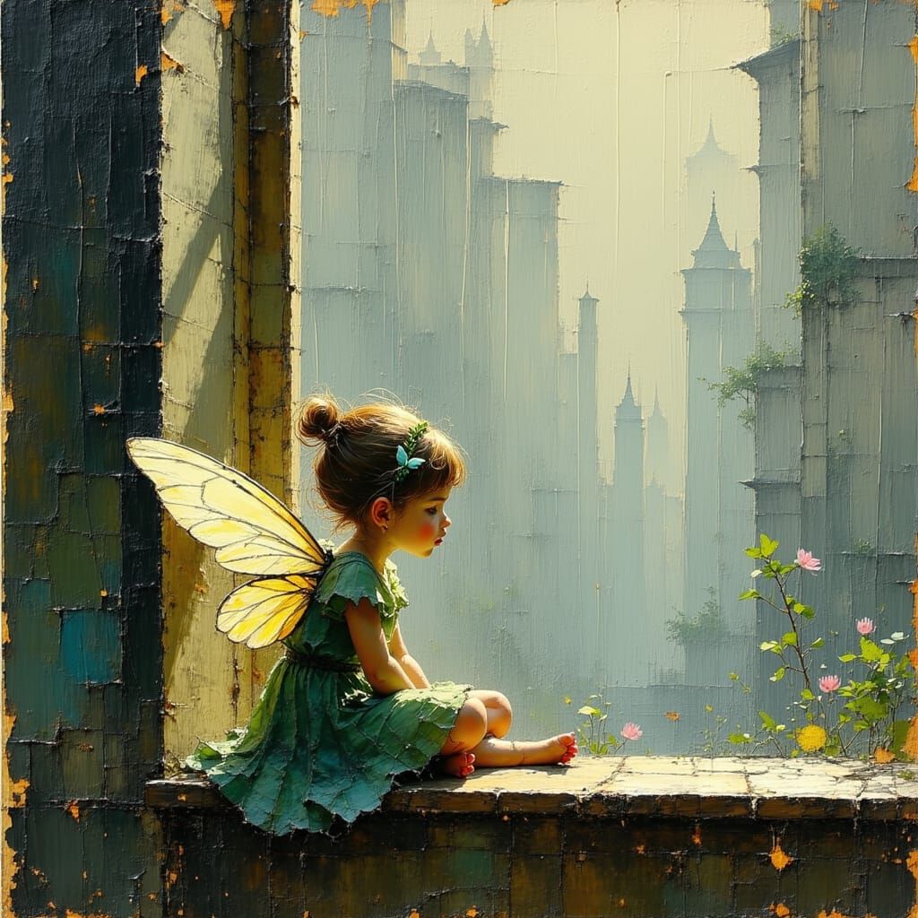 Playful Fairy on Window Sill in Rain, Impasto Painting