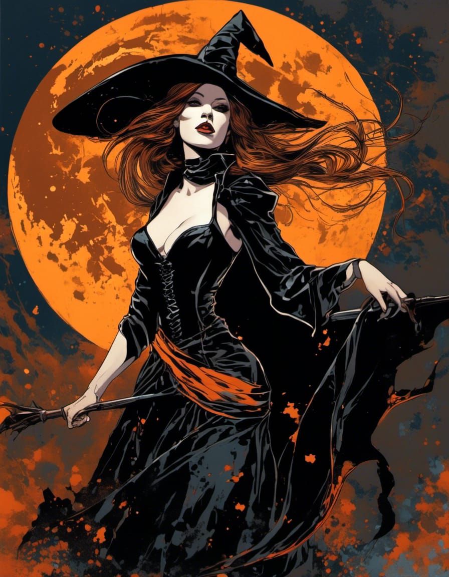 Sultry Witch Basks in Orange Moonlight